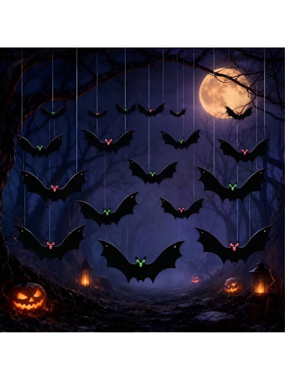 Hanging Bats Halloween Decorations, 3 Sizes Plastic Flying Bat Cutouts with